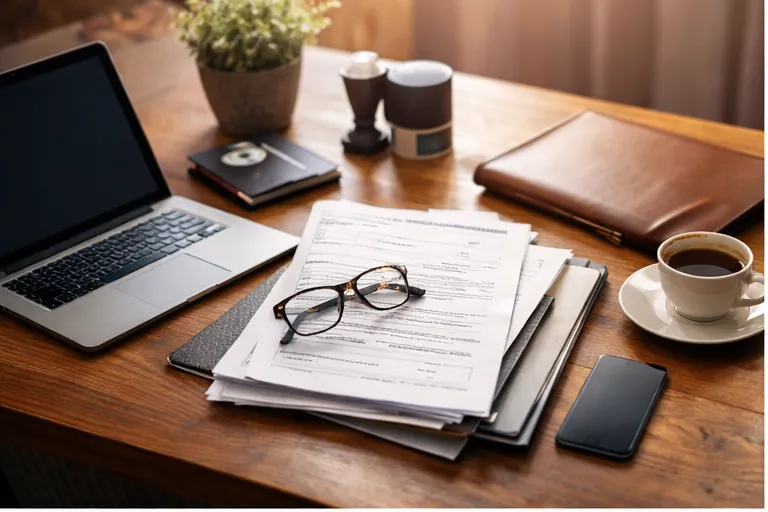 Documents administratifs classés sur un bureau, à côté d’un ordinateur portable