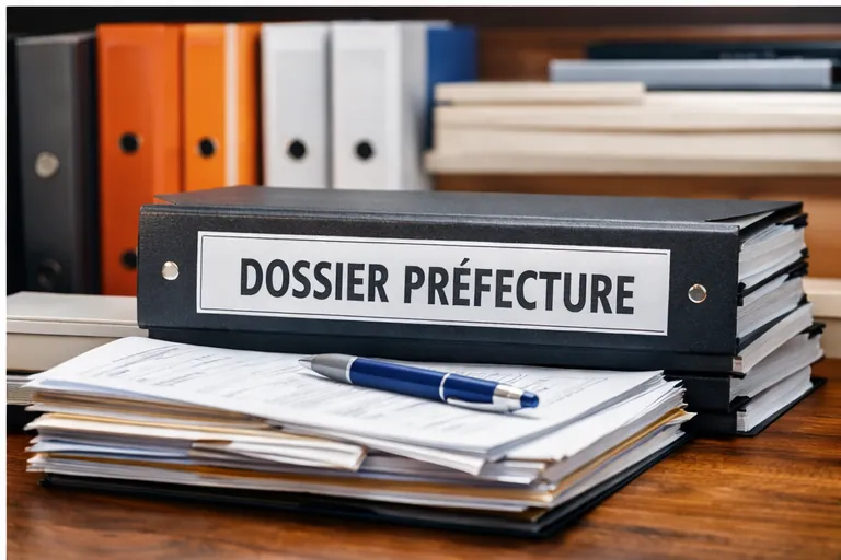 Classeur de dossier administratif posé sur une pile de documents